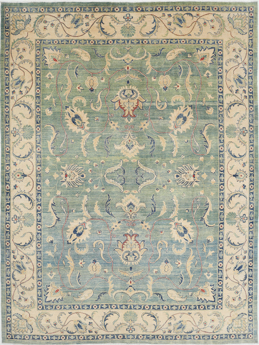 New Traditional Ziegler hand-knotted wool rug 8'11" x 12'3" (272 x 373 cm) in green, from Artemis Rugs in Carmel, CA. This authentic handmade Ziegler rug features traditional floral and medallion motifs in rich green tones, inspired by classic Persian designs. Expertly hand-knotted using high-quality wool for lasting durability, intricate detail, and luxurious texture. A timeless piece of artisan craftsmanship, this green Ziegler rug is ideal for traditional living spaces, dining rooms, or collectors