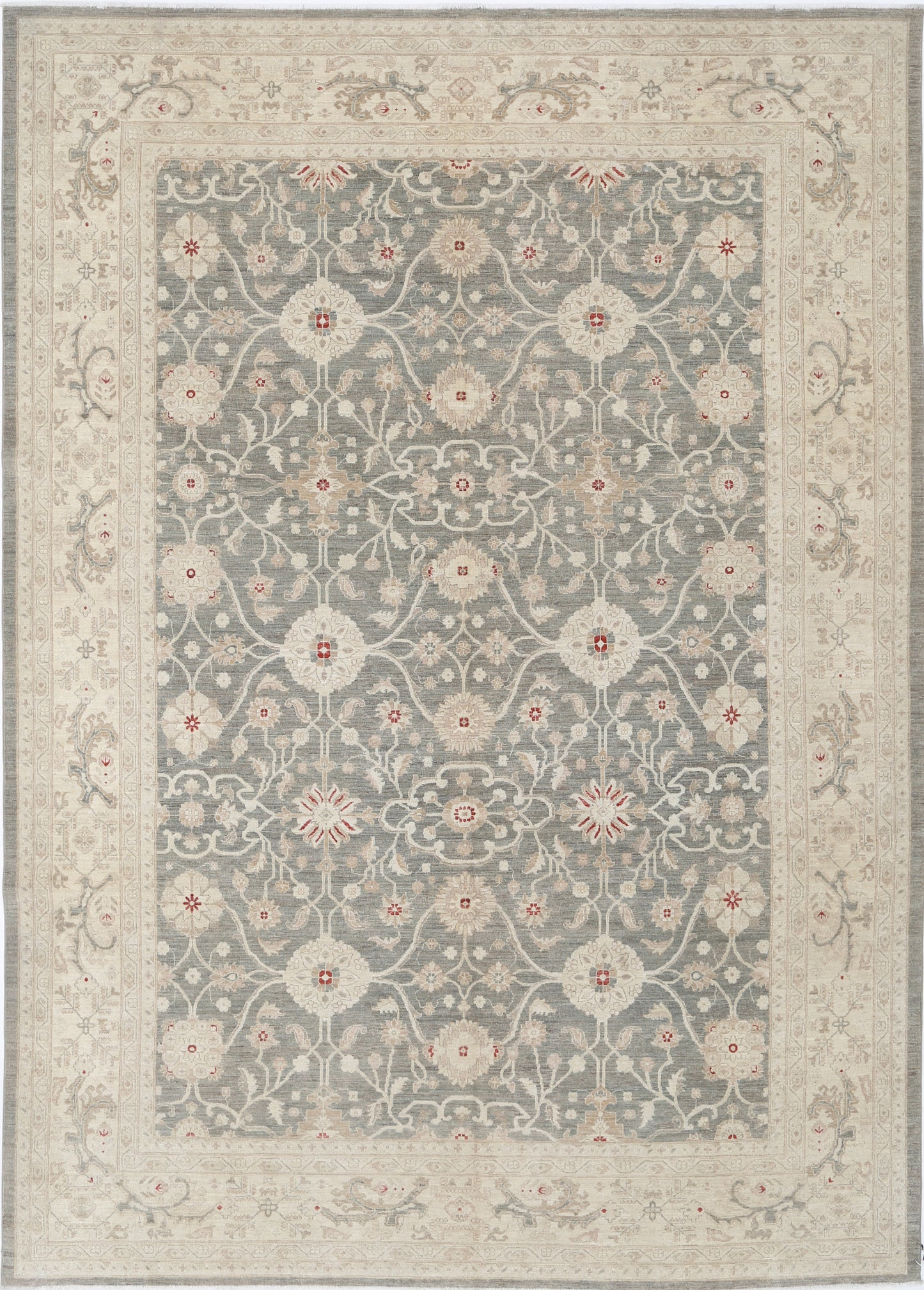 New Traditional Ziegler hand-knotted wool rug 9'9" x 13'9" (297 x 419 cm) in grey, from Artemis Rugs in Carmel, CA. Authentic handmade Ziegler rug featuring classic traditional motifs with elegant grey tones. Crafted with premium, durable wool fibers using expert hand-knotting techniques. This large grey Traditional Ziegler rug offers intricate design, luxurious texture, and genuine artisan craftsmanship, ideal for collectors and enthusiasts of timeless handmade wool rugs