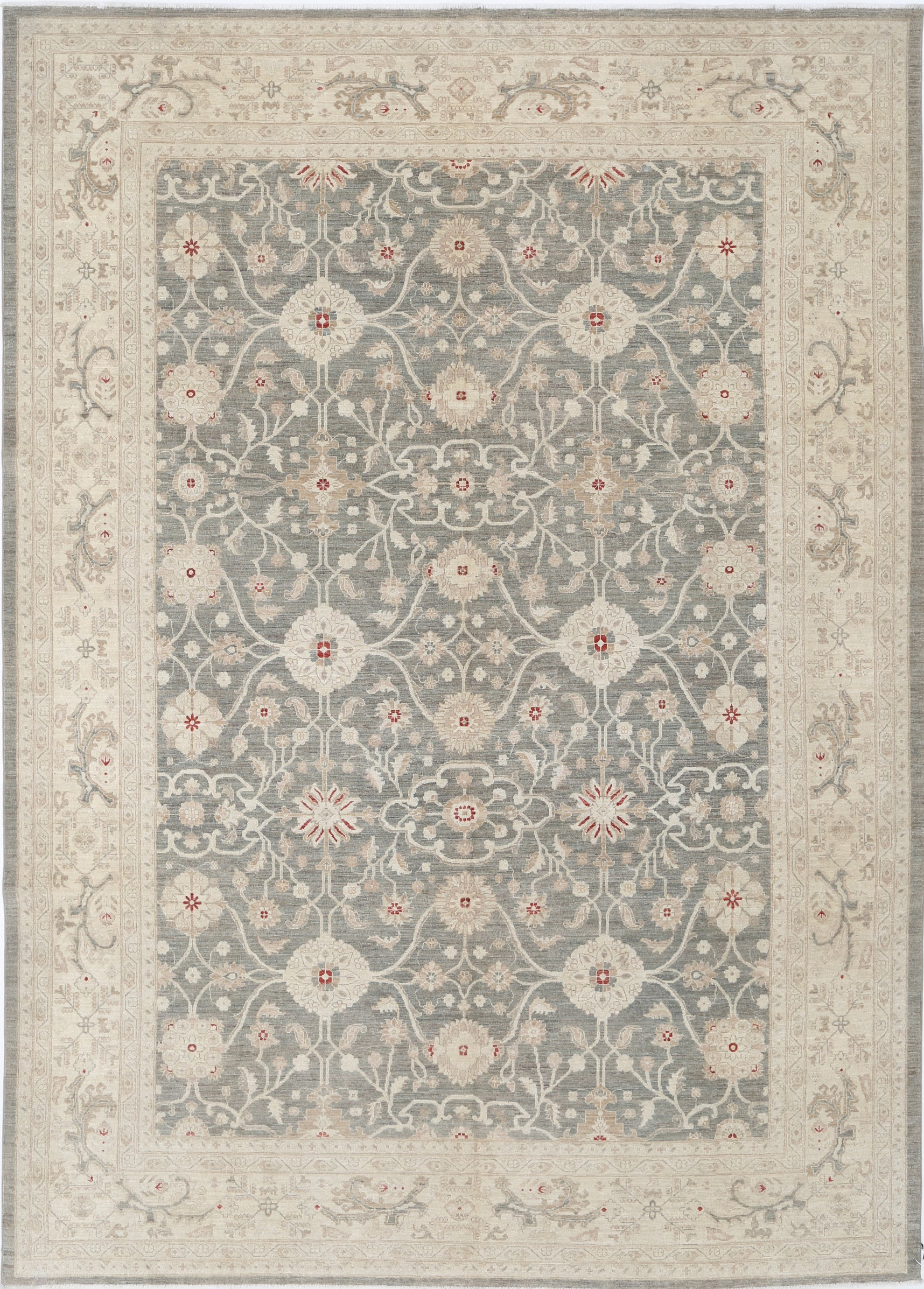 New Traditional Ziegler hand-knotted wool rug 9'9" x 13'9" (297 x 419 cm) in grey, from Artemis Rugs in Carmel, CA. Authentic handmade Ziegler rug featuring classic traditional motifs with elegant grey tones. Crafted with premium, durable wool fibers using expert hand-knotting techniques. This large grey Traditional Ziegler rug offers intricate design, luxurious texture, and genuine artisan craftsmanship, ideal for collectors and enthusiasts of timeless handmade wool rugs