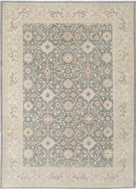 New Traditional Ziegler hand-knotted wool rug 9'9" x 13'9" (297 x 419 cm) in grey, from Artemis Rugs in Carmel, CA. Authentic handmade Ziegler rug featuring classic traditional motifs with elegant grey tones. Crafted with premium, durable wool fibers using expert hand-knotting techniques. This large grey Traditional Ziegler rug offers intricate design, luxurious texture, and genuine artisan craftsmanship, ideal for collectors and enthusiasts of timeless handmade wool rugs