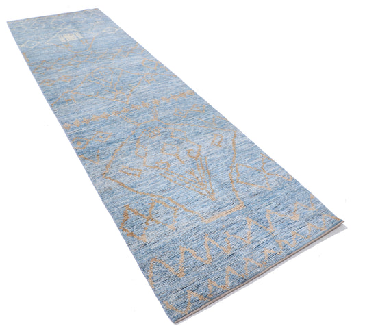 New Tribal Moroccan hand-knotted wool runner rug (3 ft 4 in × 11 ft 8 in) featuring bold geometric tribal patterns in warm earthy tones, handcrafted with artisan skill—available at Artemis Rugs in Carmel, California