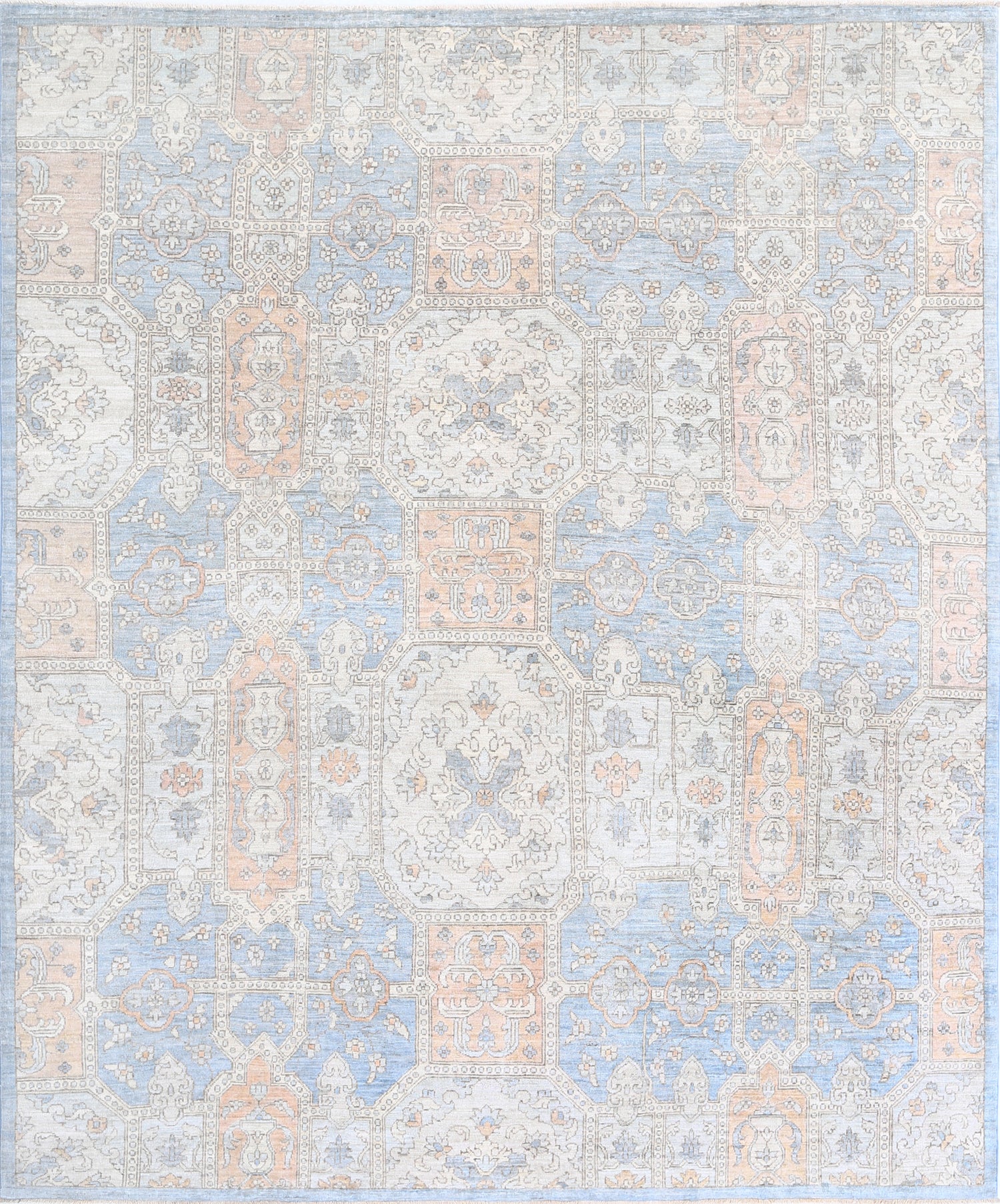 New Traditional Serenity hand-knotted wool rug 8'0" x 9'4" (244 x 284 cm) in blue, from Artemis Rugs in Carmel, CA. Handmade Serenity rug featuring traditional patterns with a serene blue color palette, crafted from premium wool with expert hand-knotting techniques. Durable and finely detailed, this wool rug offers a luxurious texture and timeless artisan craftsmanship, perfect for enhancing living spaces with elegant, handcrafted quality