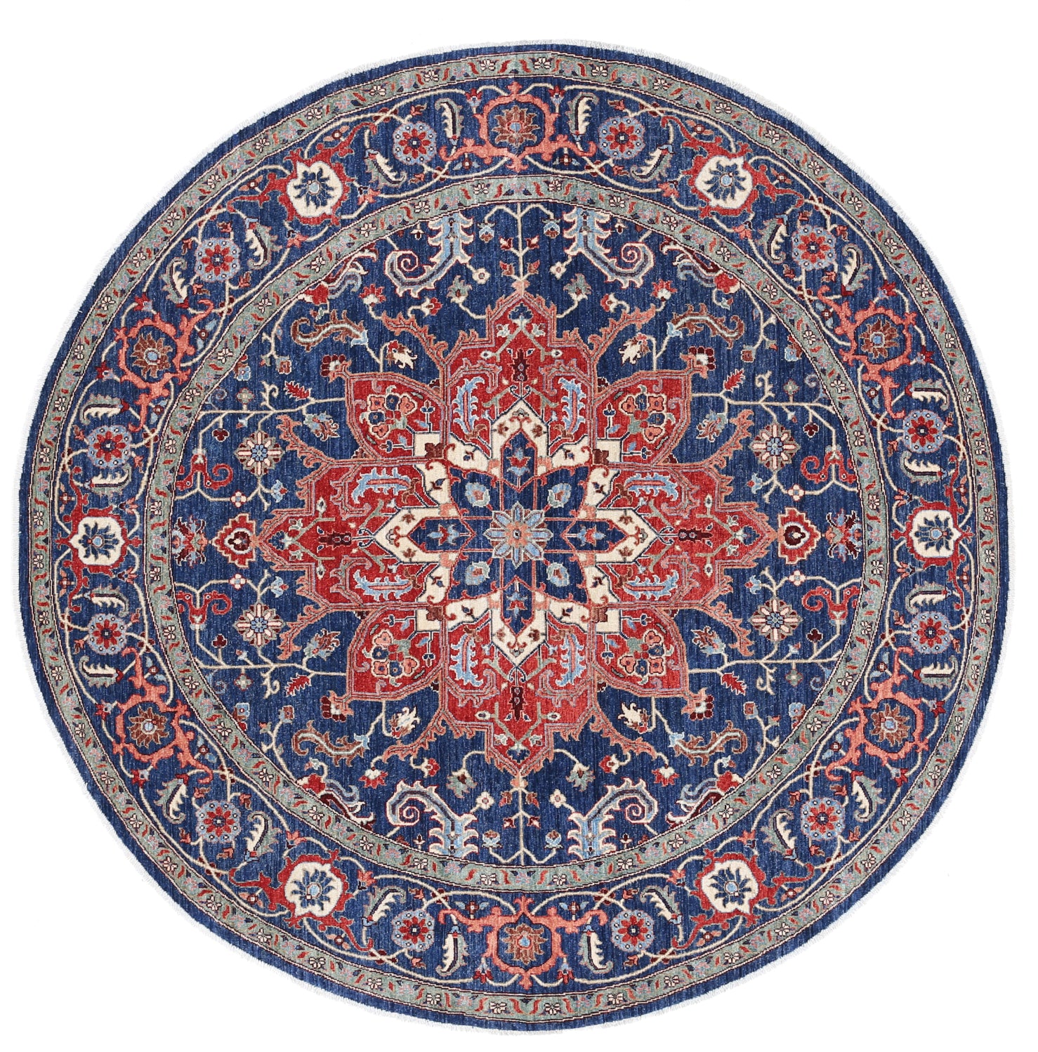 New Traditional Ziegler Hand Knotted Wool Rug - 7'9" x 7'9" 7' 9" x 7' 9" (236 x 236) / Blue / Wool