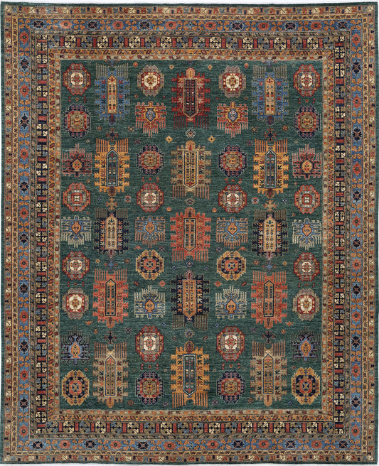 New Tribal Humna Hand Knotted Wool Rug - 11'9'' x 14'7'' 11' 9" x 14' 7" (358 x 445) / Green / Wool