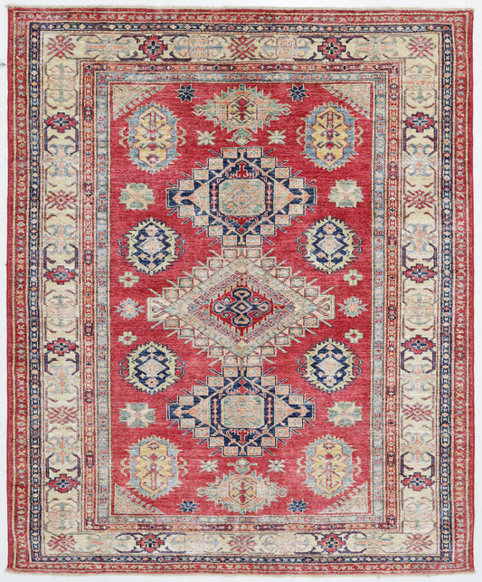 New Tribal Kazak Hand Knotted Wool Rug - 4'11'' x 5'11'' 4' 11" x 5' 11" (150 x 180) / Red / Wool