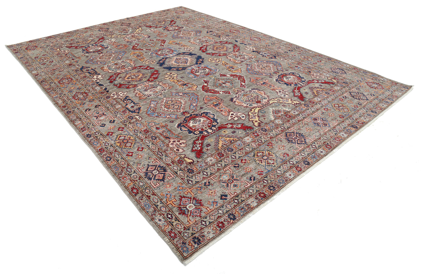 New Tribal Kazak Hand Knotted Wool Rug - 9'2'' x 12'3'' 9' 2" x 12' 3" (279 x 373) / Grey / Wool