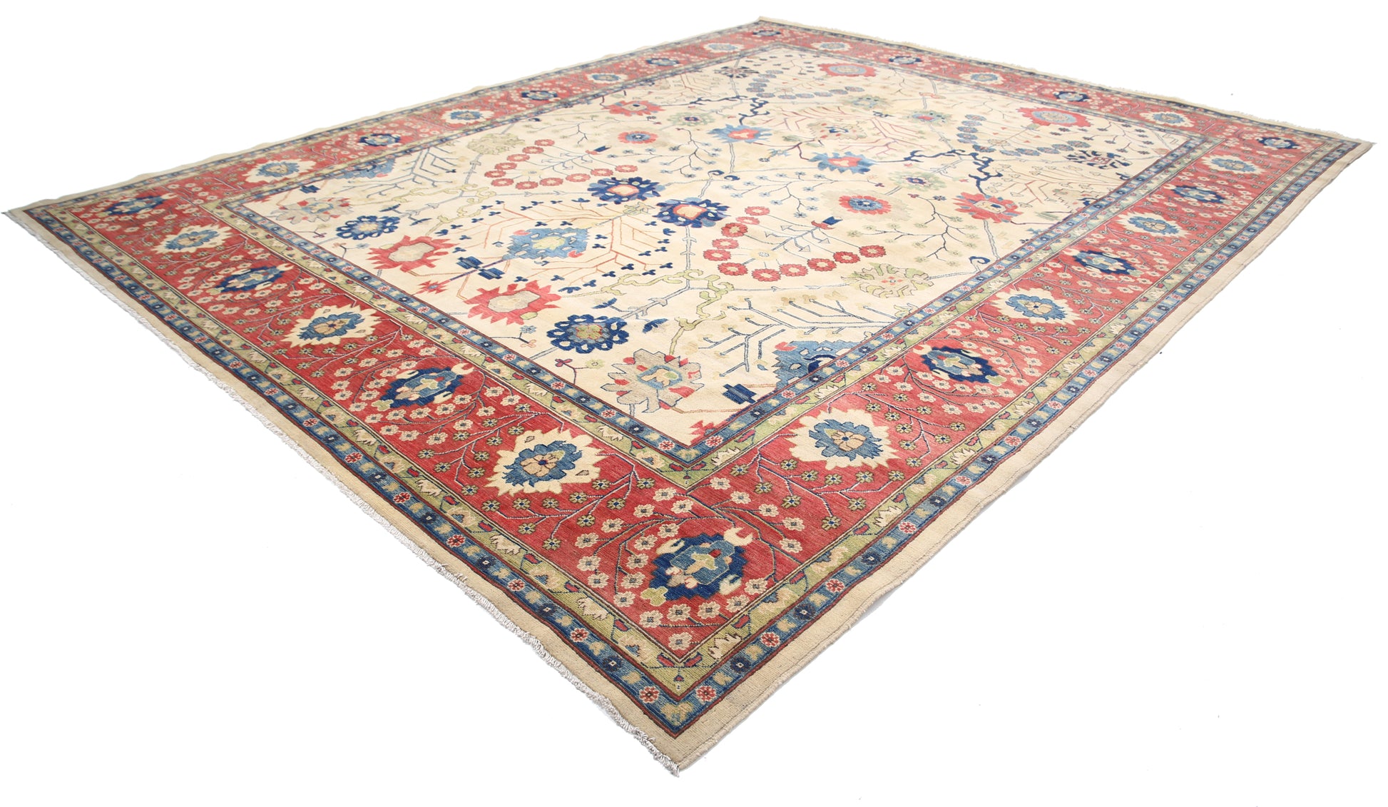 New Tribal Kazak Hand Knotted Wool Rug - 12'9" x 16'0" 12' 9" x 16' 0" (389 x 488) / Ivory / Wool