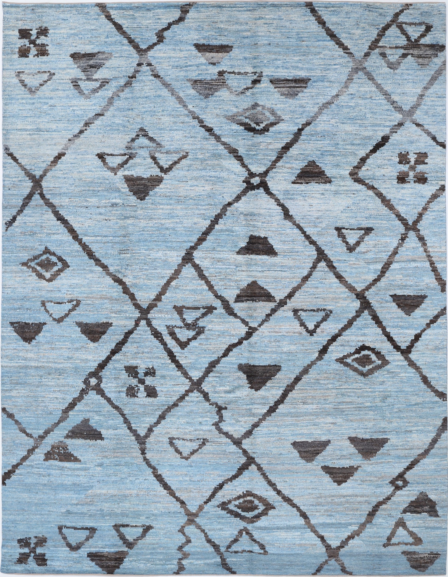 New Tribal Moroccan hand-knotted wool rug 9'0" x 11'9" from Artemis Rugs in Carmel, CA. Authentic handmade wool rug featuring classic Moroccan tribal patterns with intricate geometric designs. Crafted using traditional hand-knotting techniques by skilled artisans, this high-quality rug is made from durable, natural wool fibers. A unique and richly textured piece that reflects the heritage of Moroccan rug-making, perfect for collectors and lovers of authentic tribal wool rugs.