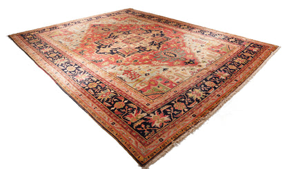 Semi Antique Heriz Hand Knotted Wool Rug - 12'2'' x 15'7'' 12' 2" x 15' 7" (371 x 475) / Pink / Wool